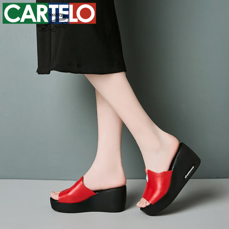 卡帝乐鳄鱼(cartelo)真皮凉拖鞋女夏季外穿坡跟厚底拖鞋高跟妈妈凉拖