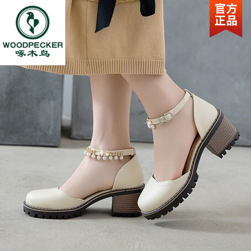啄木鳥夏季圓頭甜美包頭涼鞋仙女風(fēng)學(xué)生配裙子粗跟單鞋2025年新款高跟鞋 米色 33