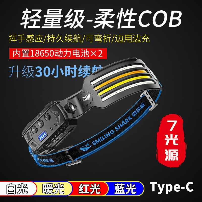 微笑鯊頭燈強光充電式led超亮頭戴式感應(yīng)戶外夜釣魚超輕泛光照明燈 白光【續(xù)航4-5H 揮手感應(yīng)】四燈