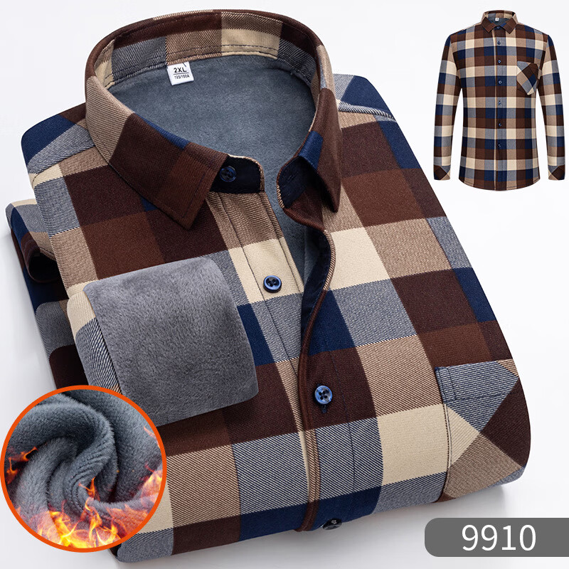 凯逸弗（kainifu）新款翻领休闲男士保暖衬衫宽松型格子棉冬季加厚中年男装 9910 XL