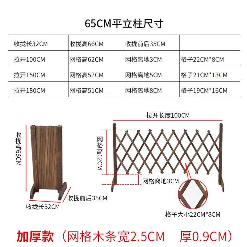 防腐木柵欄伸縮插地圍欄碳化拉網(wǎng)木籬笆園藝?yán)T(mén)戶外護(hù)欄庭院裝飾 收攏高65平頭立柱款