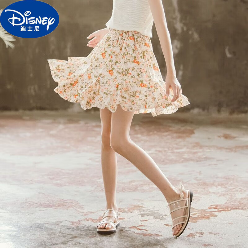 迪士尼（Disney）女童雪纺短裙夏季儿童A字鱼尾裙中大童碎花半身裙洋气荷叶边裙子 桔色 140