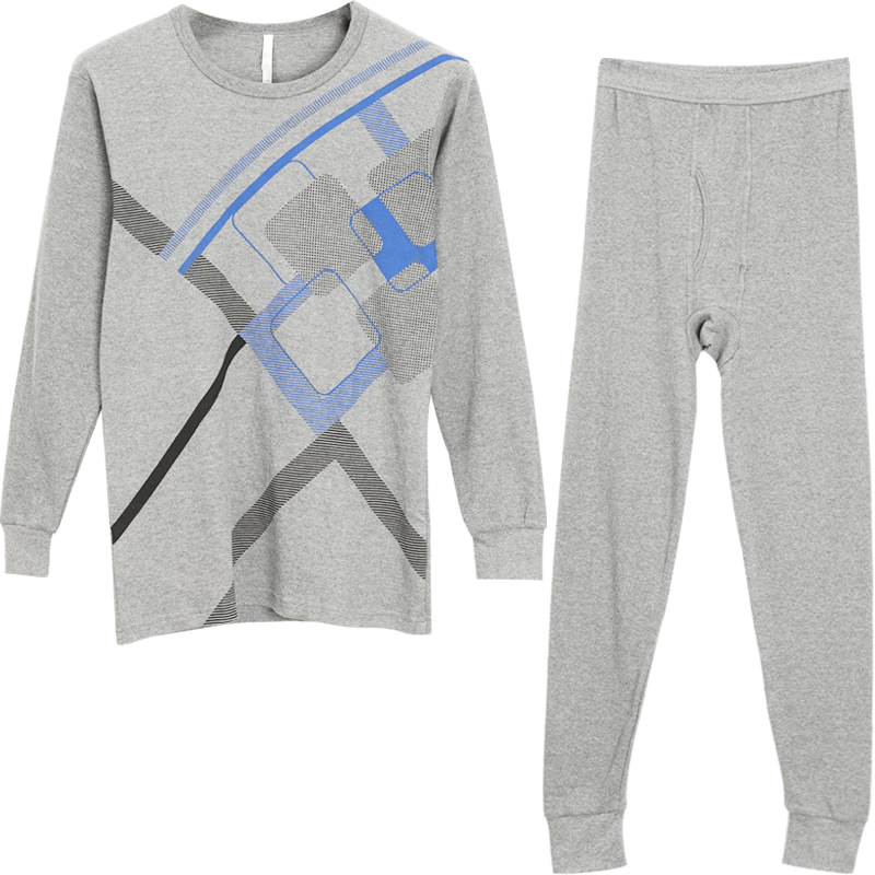 红豆内衣男纯棉秋衣秋裤套装全棉印花薄款棉毛衫棉毛裤 浅麻