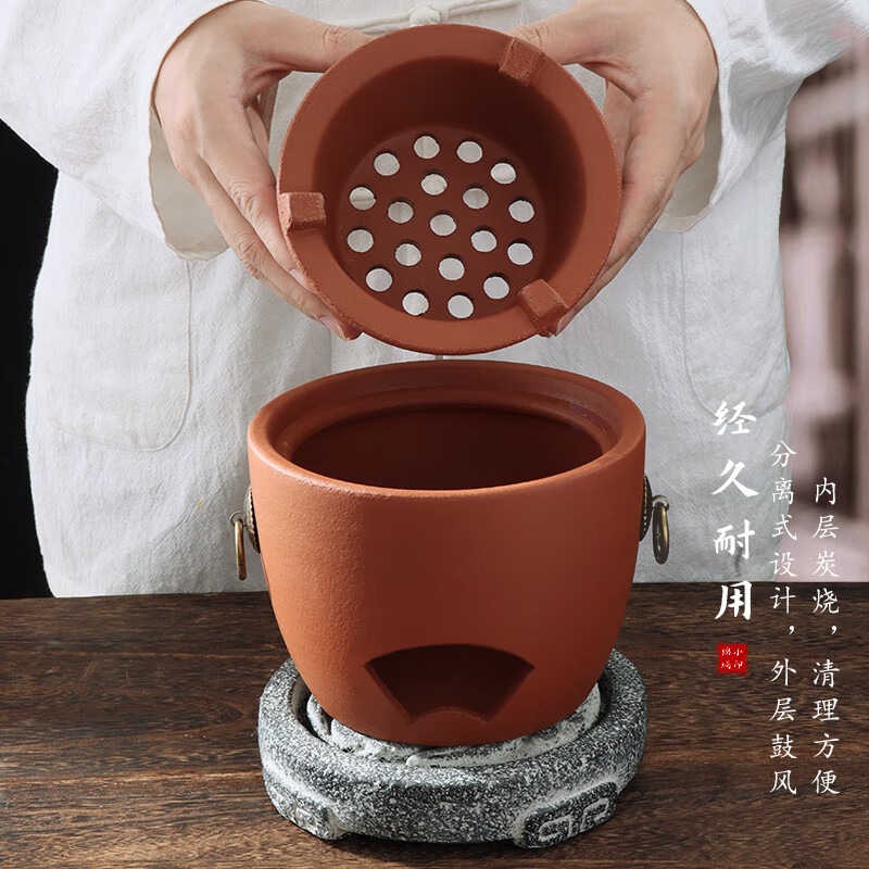 棉小城潮汕红泥炭炉户外煮茶炉粗陶侧把烧水壶围炉煮茶老式风炉复古手工 红泥雅扇炭炉+富贵绑绳壶+四件套
