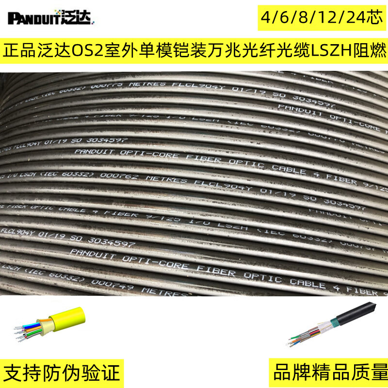 泛达（PANDUIT）   泛达4/6/8/12/24芯OS2室外铠装单模万兆光纤光缆LSZH阻燃 泛达单模铠装8芯室外 1000米 1m