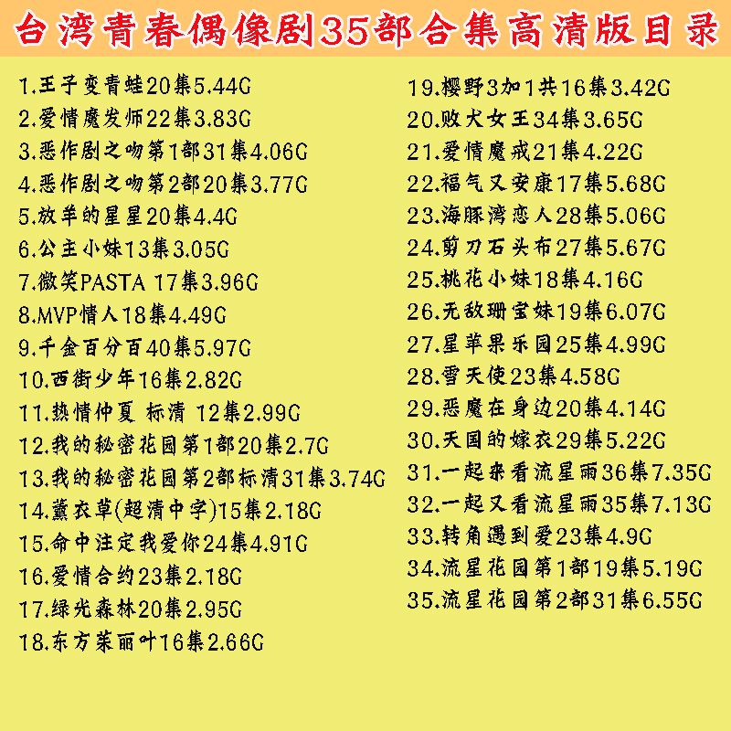 erilles台湾青春偶像剧35部合集台湾电视剧u盘tf卡mp4目录自选与定制
