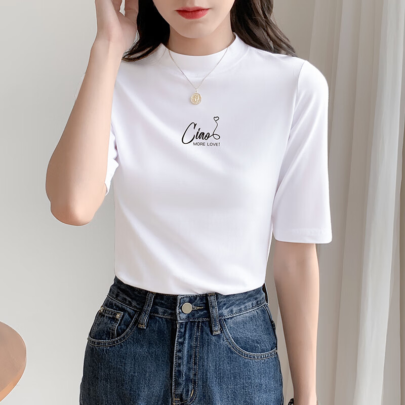 悠扉岚春秋季中袖t恤女半高领五分袖打底衫女内搭洋气修身上衣小立领