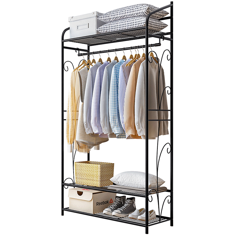 索尔诺 衣帽架卧室挂衣架阳台落地室内书房出租房宿舍立式支架简易衣服架收纳架双杆式家用衣架子 l1310-黑纹纱【宽78cm*高161cm】