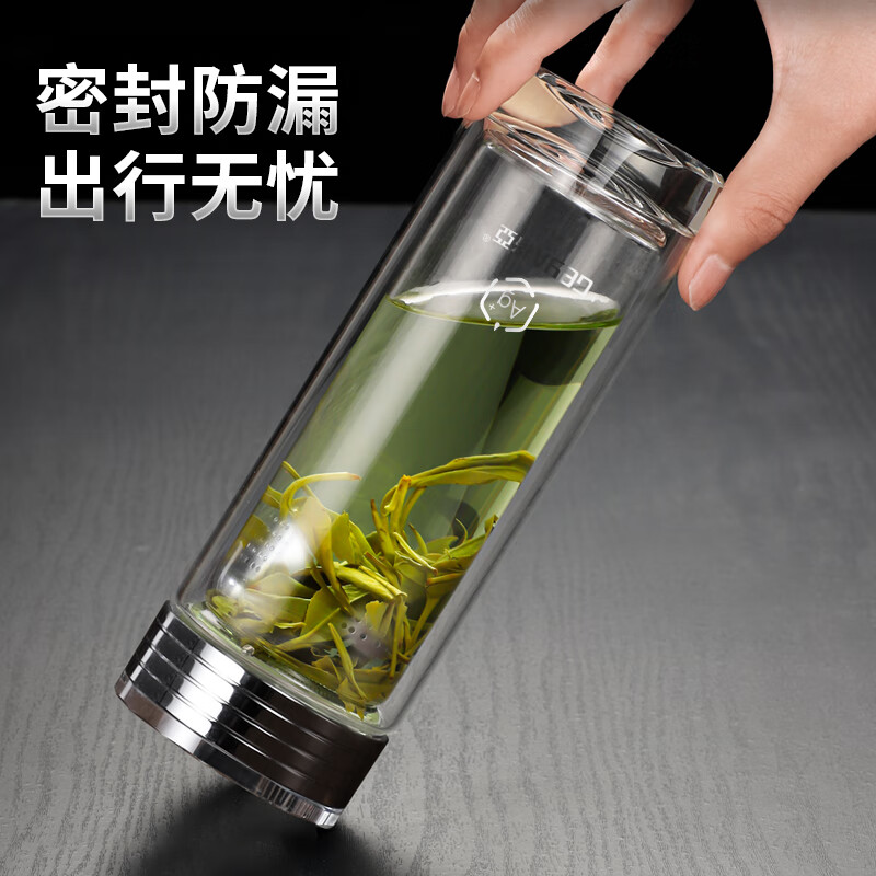 格亚(GEYA)银离子抗菌玻璃杯双层男士茶杯高档商务办公室泡茶杯车载便携定制 黑色400ml