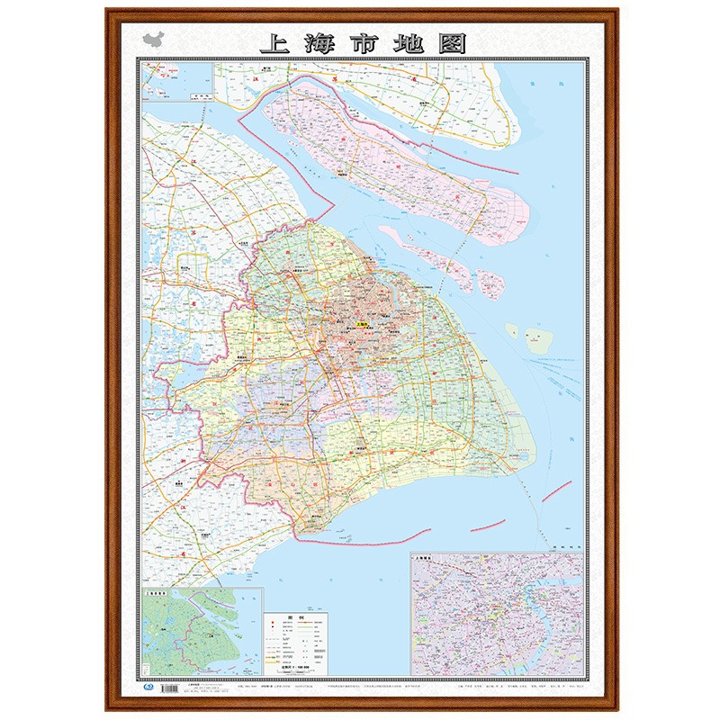 【定制边框】2023年 上海市地图 木框装裱 政区交通地形 约1.1米*0.8米 胡桃色边框