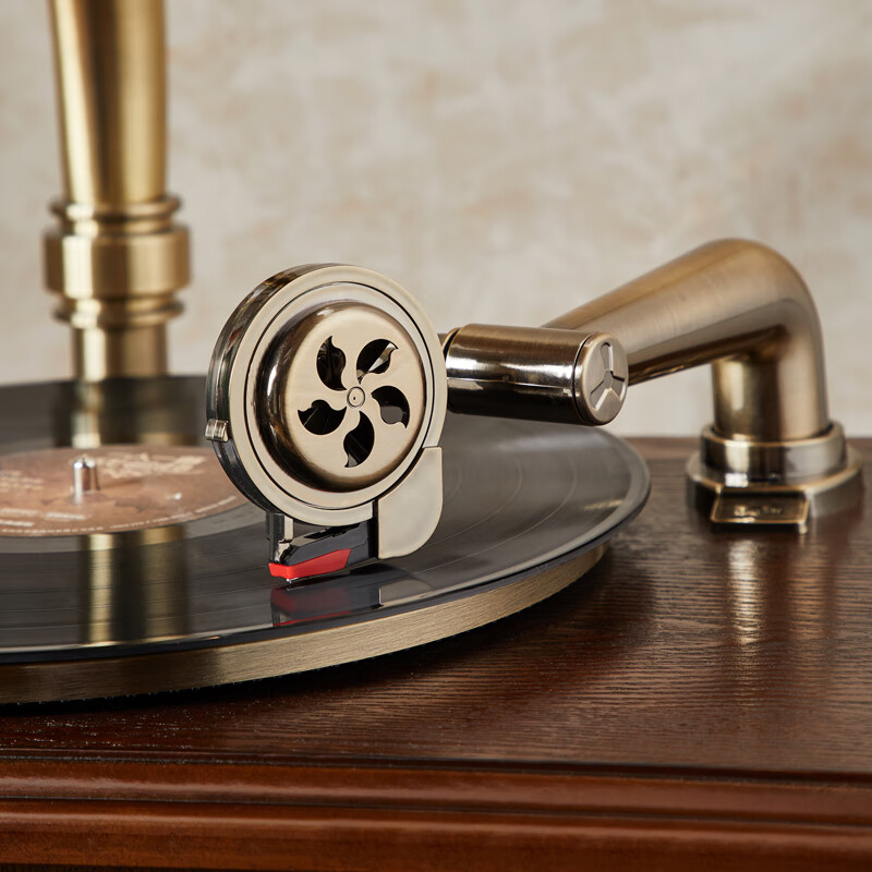 圣利纳(SHENGLINA) 美式实木留声机复古怀旧国民老式唱片机仿古大喇叭音响欧式黑胶唱片机电唱机 【胡桃色】铜喇叭+低音炮