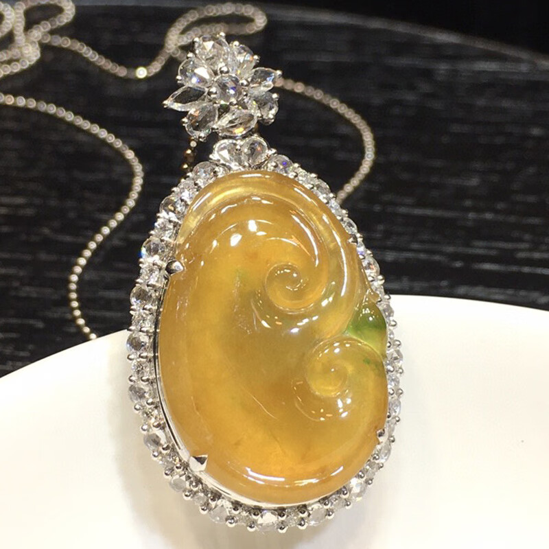 禧凤楼缅甸老坑a货冰种黄加绿万事如意18k金镶嵌吊坠 黄加绿