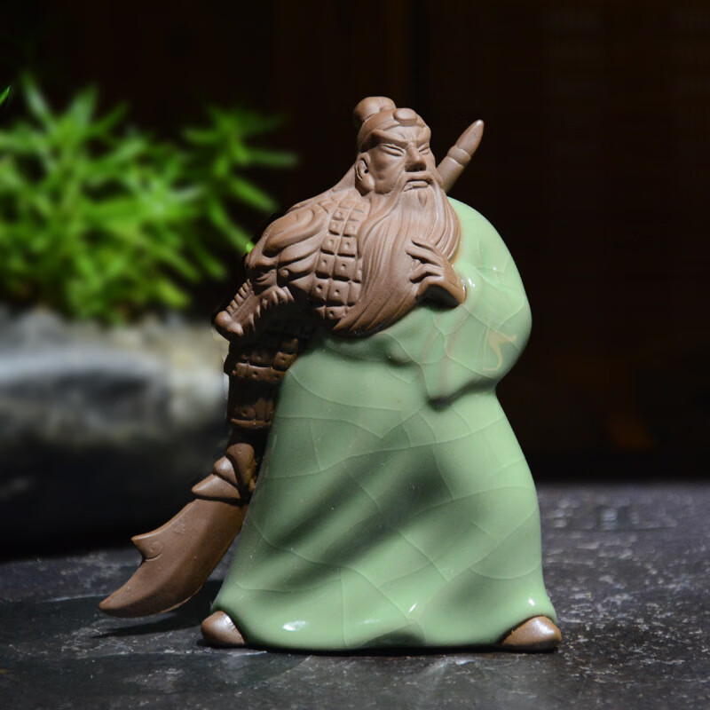 关公单刀赴会 哥窑开片紫砂茶宠摆件 茶具茶道零配关公耍大刀 单刀赴