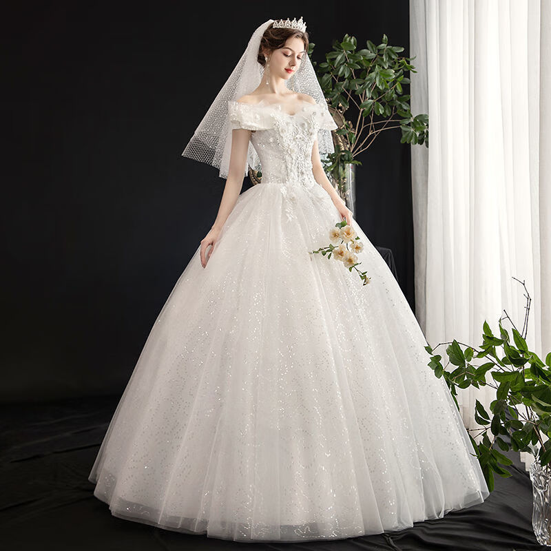 轻奢主婚纱新娘年字肩齐地森系结婚白纱显瘦简约礼服女中 白色齐地款