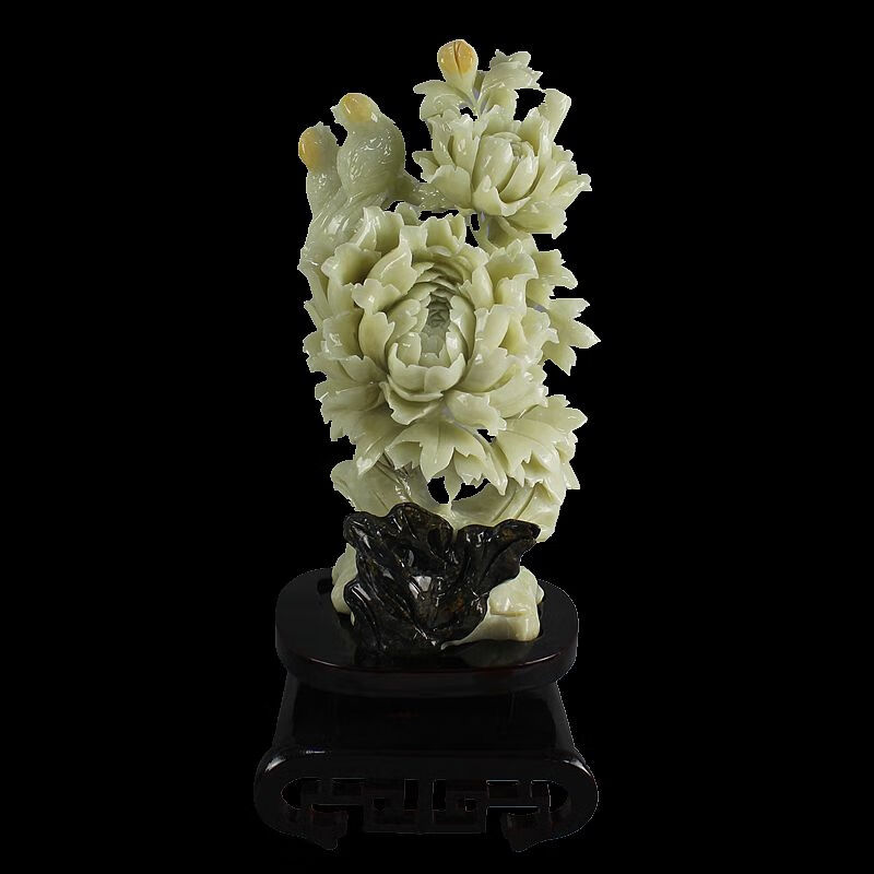 知茗 天然玉石摆件精品岫玉大摆件岫岩玉牡丹花开富贵原石家居客厅