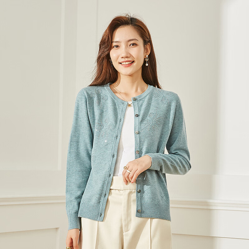 春竹春季新品羊毛衫女圆领开衫宽松气质百搭毛衣女 北极绿 m/95