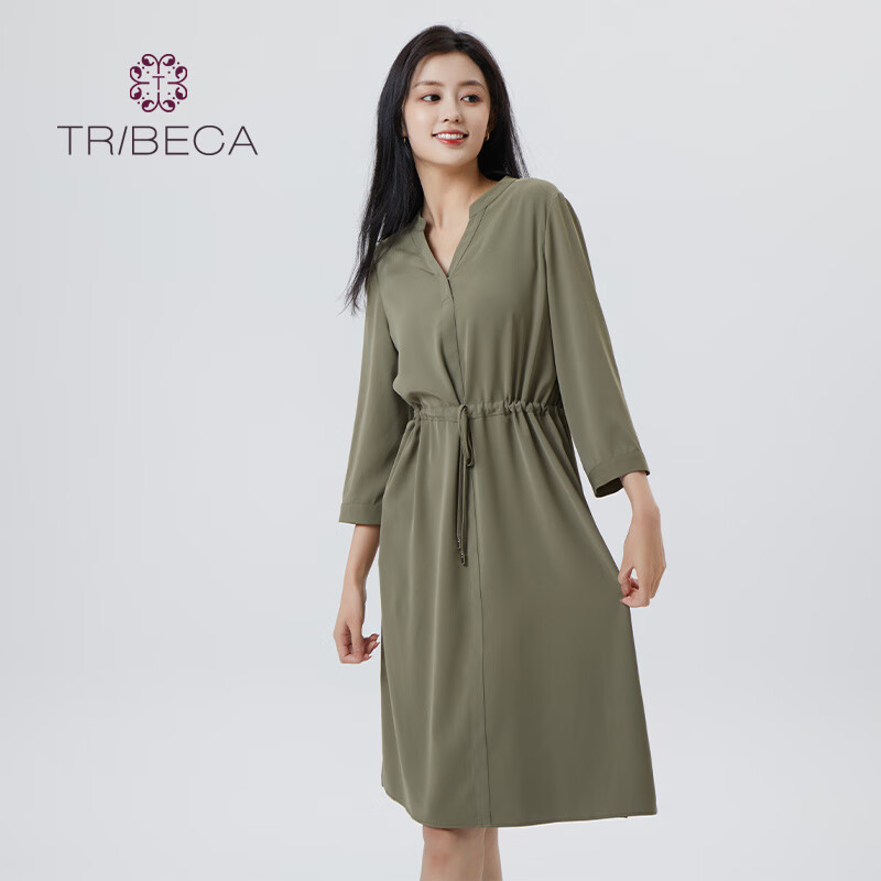 翠贝卡春季新款气质时尚女七分袖连衣裙 绿色 160