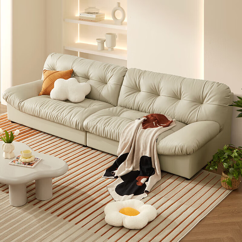 顾家家居（KUKA）奶油风云朵沙发氛围感头层黄牛皮进口头层真皮沙发1217【采1】 【椰奶白】四人位