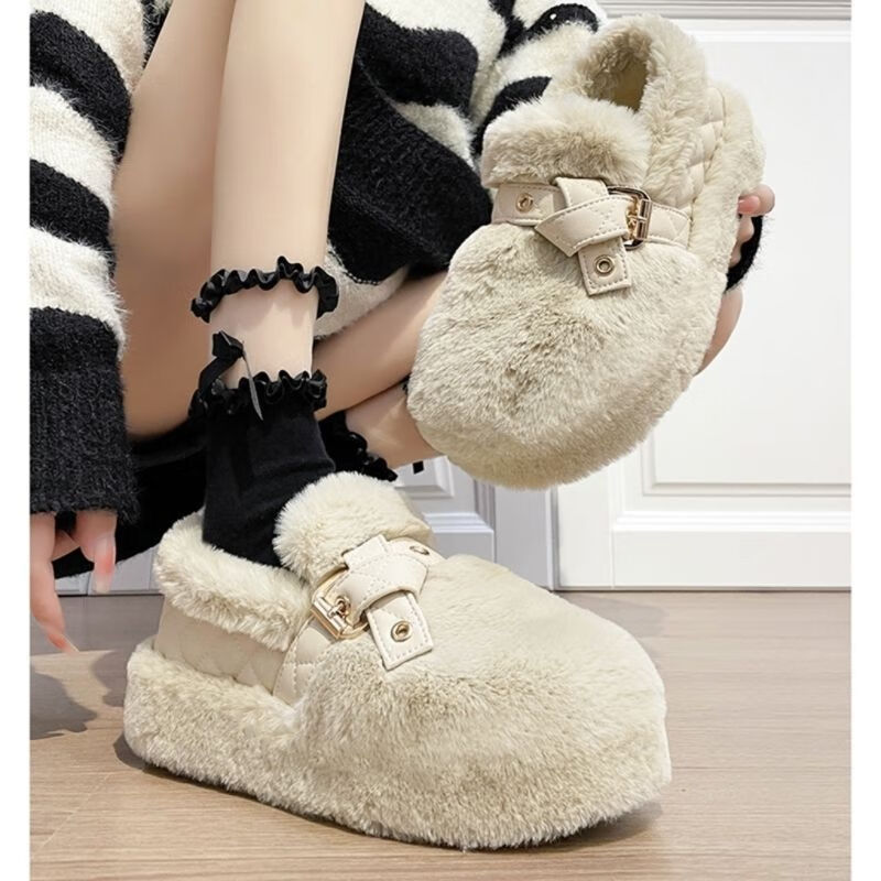 革代(gedai)秋冬穿的社会女鞋子豆豆鞋带毛毛冬季毛毛鞋女外穿2023