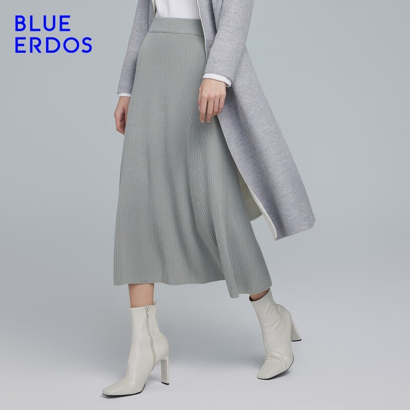 BLUE ERDOS半身裙100%山羊绒春秋时尚百搭羊绒纯色抽条中长款半裙 玛瑙灰 155/60A/XS