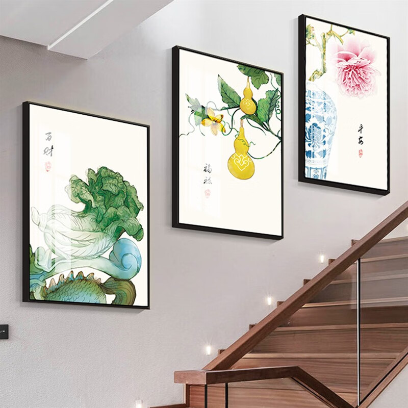 子木雅居楼梯口壁画 复式楼梯口间挂画新中式走廊楼道装饰画别墅客厅
