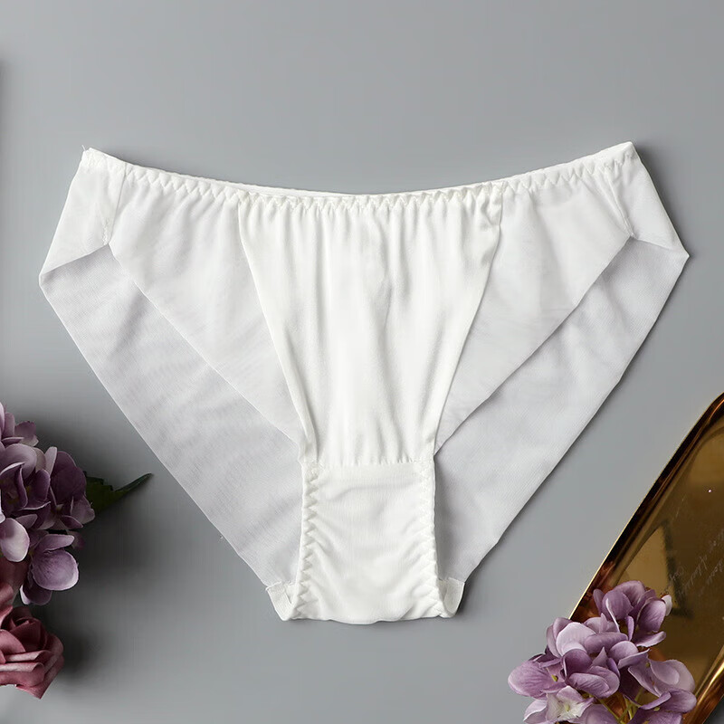 美士严选真丝缎面内裤女中腰薄款透气无痕舒适桑蚕丝三角裤短裤 白色