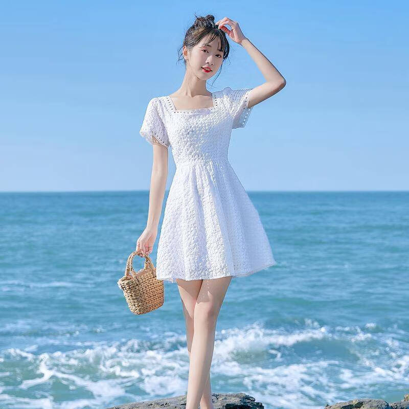 矮个子2022夏季新款女装气质修身显瘦短袖蕾丝超仙小清新a字连衣裙短