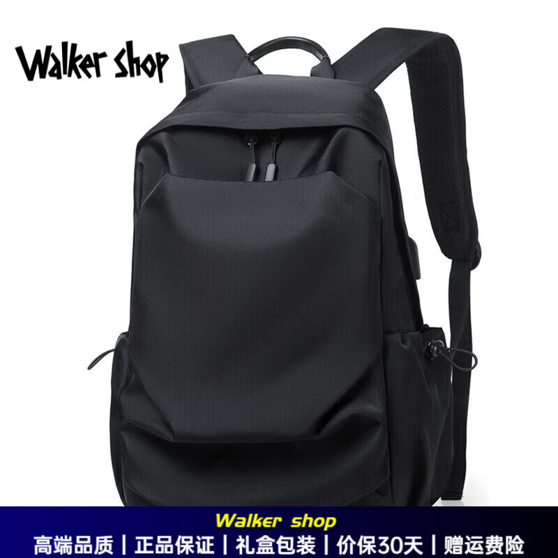 Walker Shop双肩包男【usb充电】时尚背包男包通勤书包【 防泼水】户外旅行包 黑色