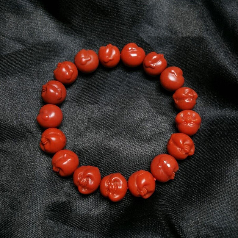 铭闽南红玛瑙原石精雕刻满色满肉老料川料佛头手链弥勒佛手串 10mm