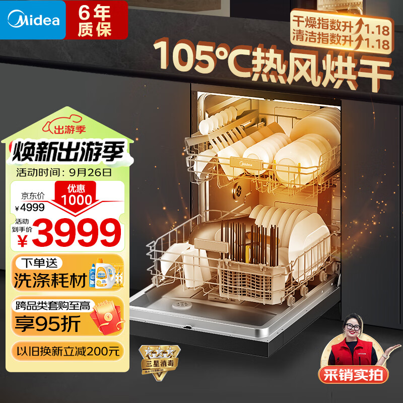 美的（Midea）14套嵌入式洗碗机RX600Max 105℃热风烘干+升降碗篮 一级水效 三星消毒分层洗 RX600Pro全面升级款