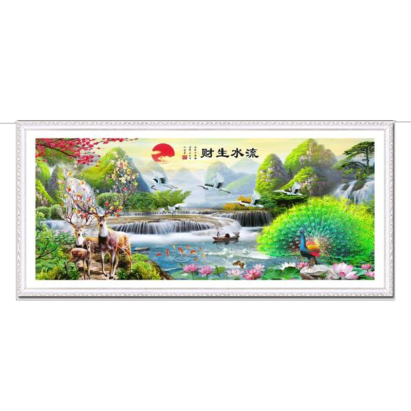 kecss迎客松十字繡2025新款線繡客廳自己繡手工山水畫流水生財風(fēng)景 絲線250*100CM大格4股