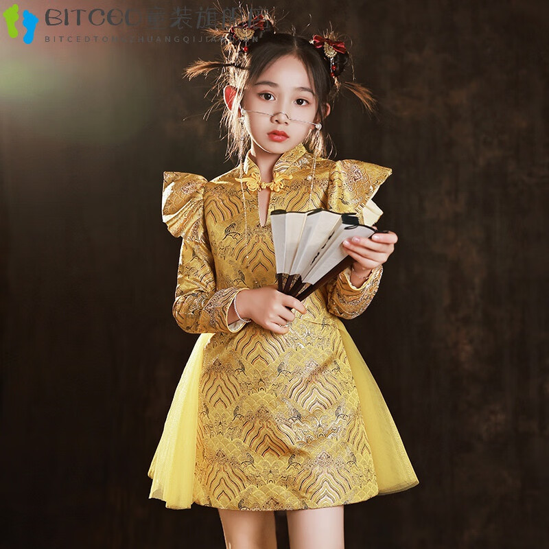 稚轻女童礼服走秀潮服中国风女孩旗袍春季长袖国潮唐装走秀儿童主持人