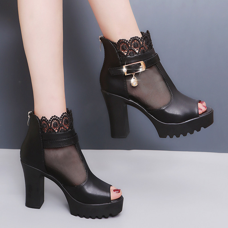 高跟鱼嘴鞋女式春夏款网纱半高跟凉皮鞋夏季凉靴韩版半高跟夏天女鞋子