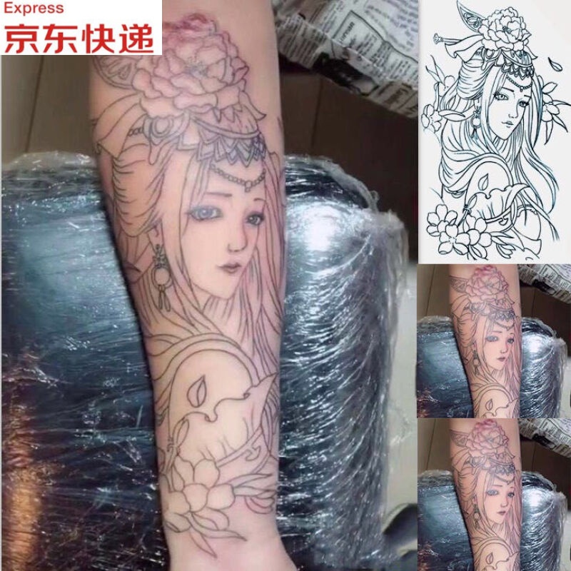 河帅割线虞姬线条刺青色艺花臂纹身贴貂蝉滴泪艺伎纹身防水逼真手套