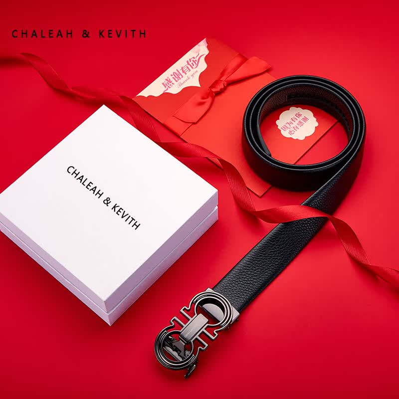 CHALEAH&KEVITH男士时尚高档皮带真皮新款男腰带自动扣牛皮休闲商务裤带潮年轻人 黑色-曜黑 130cm