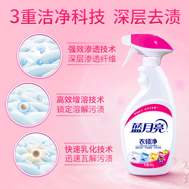 蓝月亮喷雾型衣领净 衣领去污 洗衣去渍 领口清洁剂 衣物护理 3分钟去污 500g瓶+500g瓶补【共2瓶】