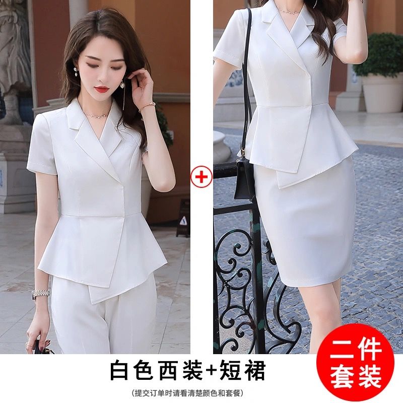 新款短袖西装韩版气质女神范正装工作服套装女 白色短袖【西装 短裙】