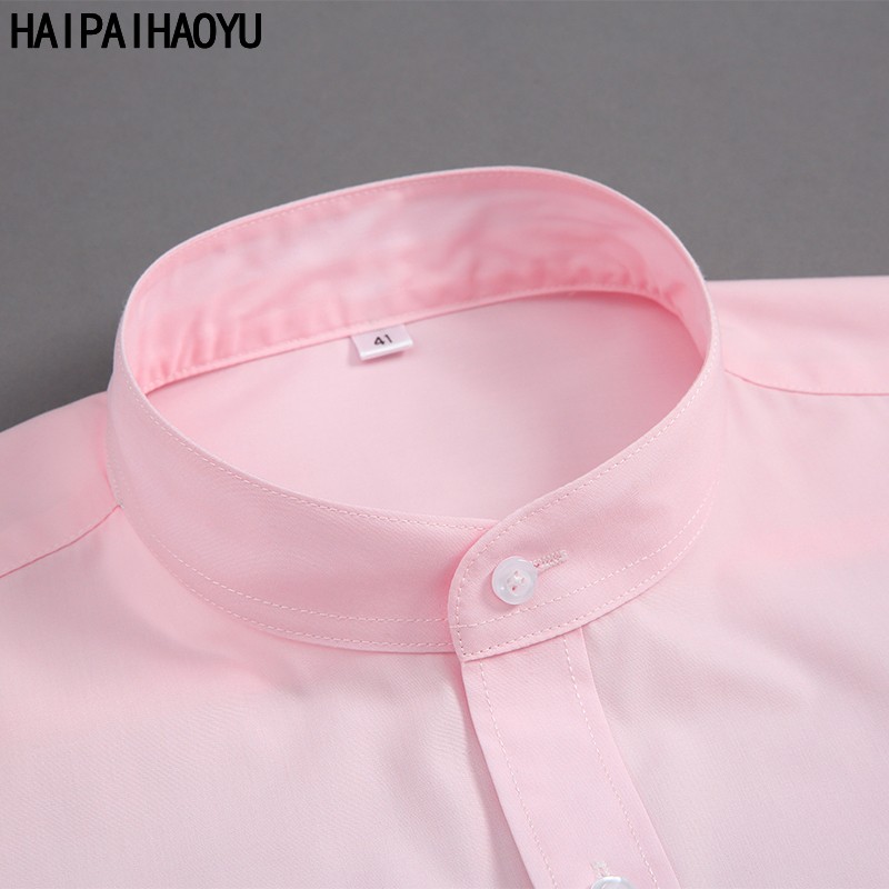 海派浩宇 长袖衬衫男免烫修身纯色立领白色衬衣商务休闲四季款高级感上衣 3052粉色 2XL (180) 推荐136-155斤