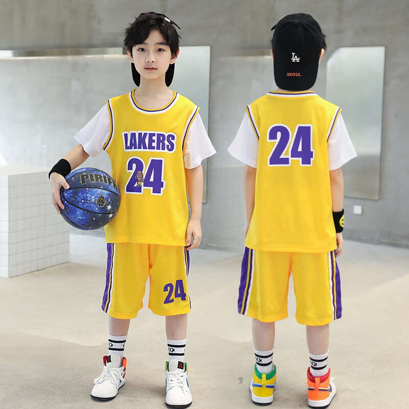 彩选篮球服儿童儿童篮球服假两件套装男童训练球衣湖人科比24号短袖篮 24号短袖黄色 140
