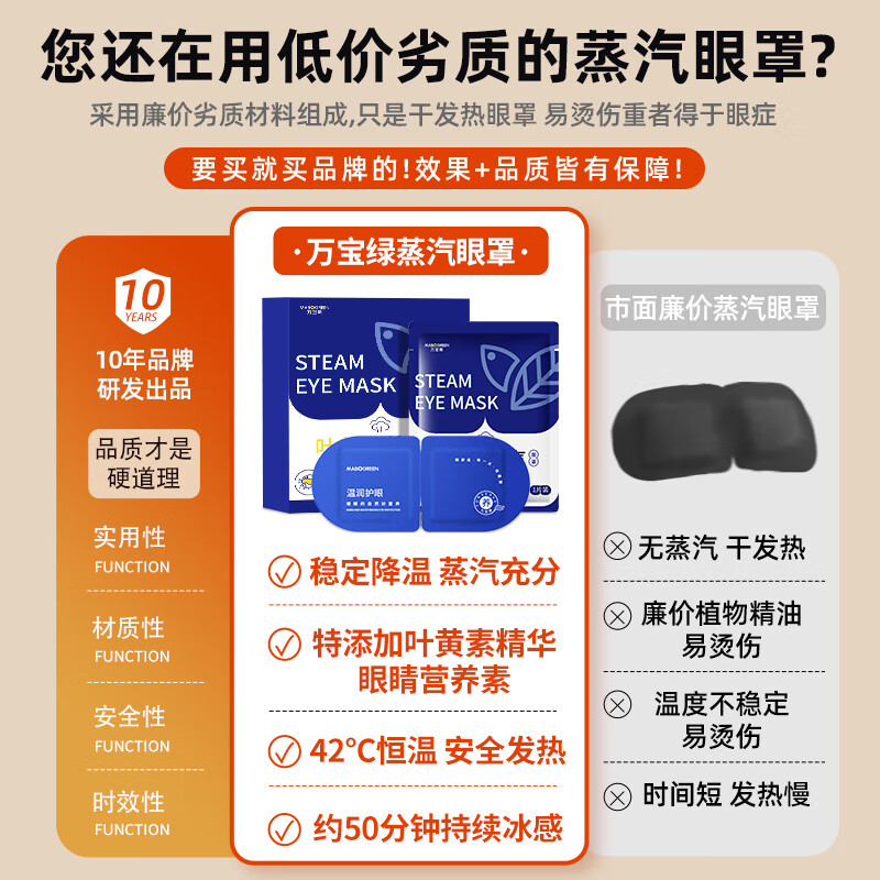 万宝绿 叶黄素蒸汽眼罩缓解眼睛疲劳热敷睡眠专用蒸气眼部助眠遮光 草本 决明子【体验装】10片装