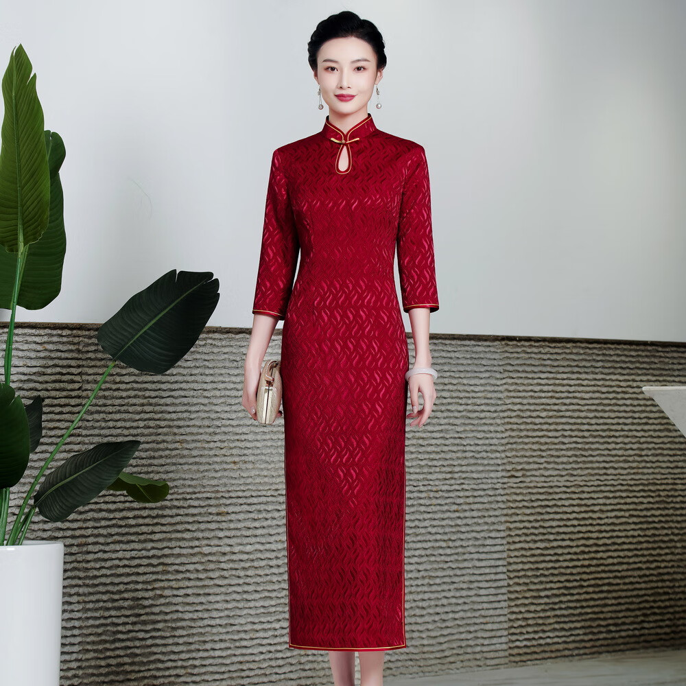 鸿韵绣秋装新款中式改良妈妈旗袍长款喜婆婆高档婚礼服敬酒服婚宴 酒红色提花纹长款 XXL怎么看?