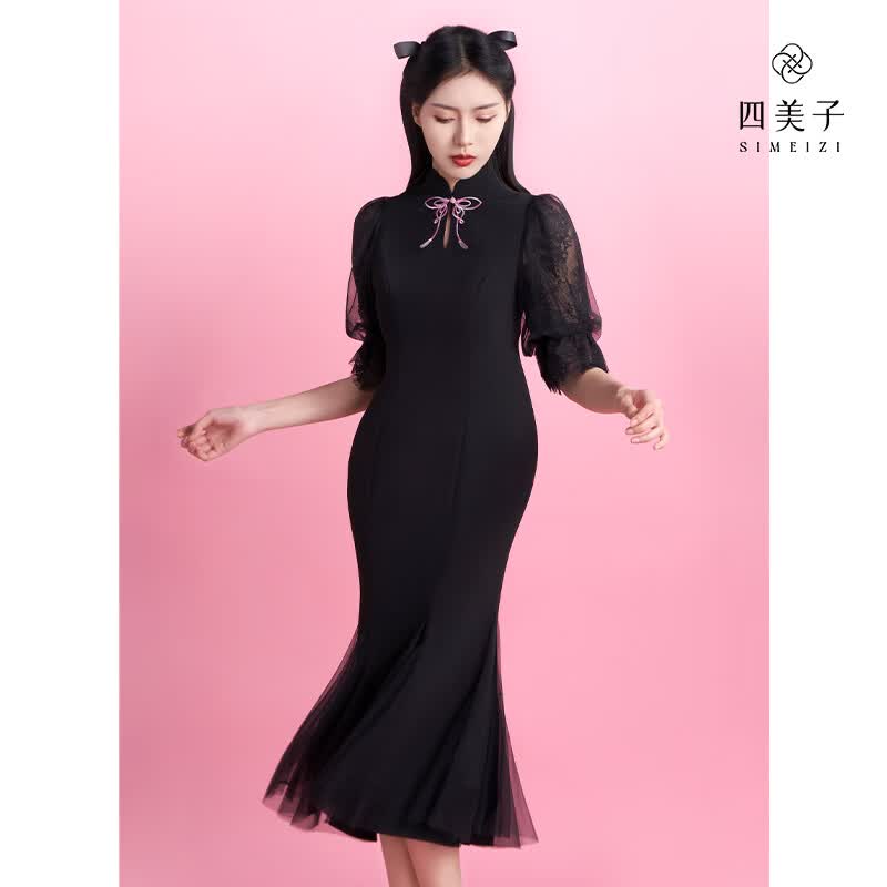 四美子四美子高级感改良黑色连衣裙女【蝶舞】2023夏新款刺绣蕾丝旗袍 S码  85-95斤使用感如何?