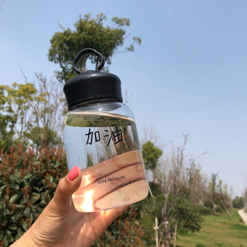 曲和（QUHE）韩版便携玻璃杯子学生水杯女男个性磨砂原宿支架创意茶杯可爱水瓶 透明款支架杯(加油) 杯子