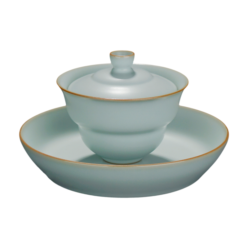 青澹汝窯蓋碗三才蓋碗茶杯泡茶碗茶具天青色景德鎮(zhèn)陶瓷手工葫蘆蓋碗 若鏡茶組