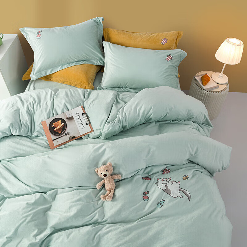 罗莱（LUOLAI）家纺 床上用品慕斯绒四件套床单被套 【床单款】 猫咪的礼物【绿色】 1.8米床(220x250cm)