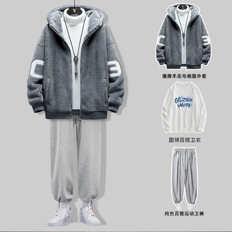 杫木羊羔绒外套男秋冬季宽松百搭夹克男学生加厚衣服男港风潮流上衣男