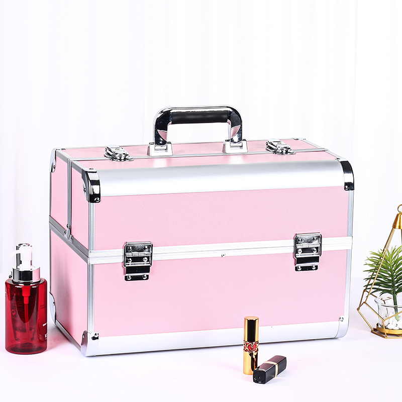 NICELAND专业化妆箱手提便携大号化妆品多层收纳箱美甲纹绣工具箱包家用带锁大容量 超大号 粉色