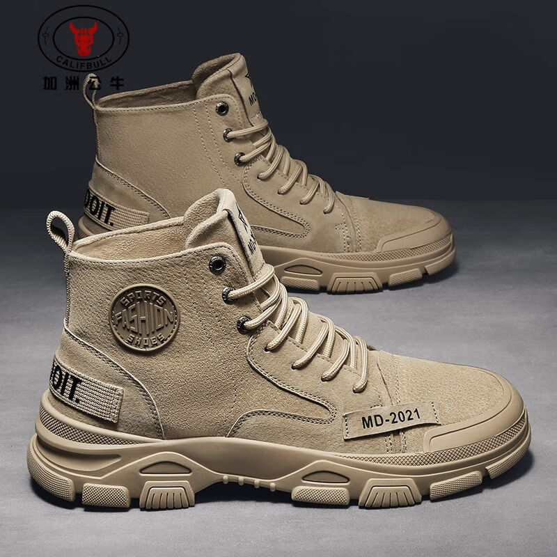 加洲公牛（CALIFBULL）秋冬季马丁靴高帮男士休闲工装棉户外登山鞋雪地靴子男加绒沙色42