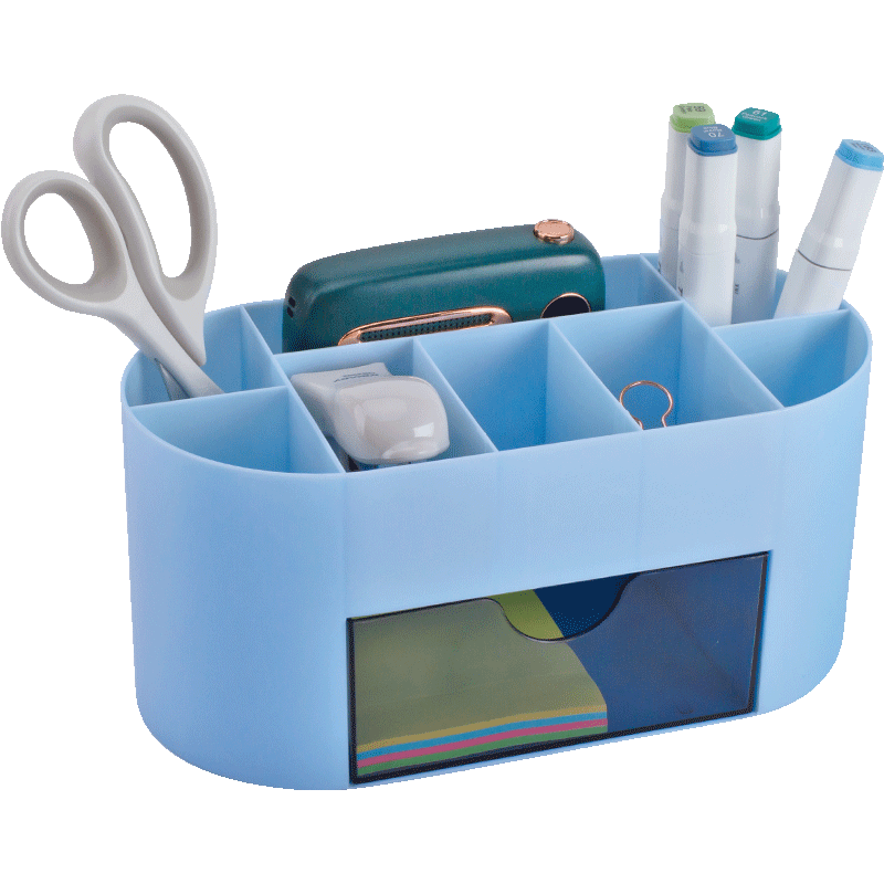 金得利 9格带抽屉组合式笔筒 大容量多功能桌面收纳盒化妆盒 票据储物盒 学生宿舍文具创意笔桶 蓝色 SN141