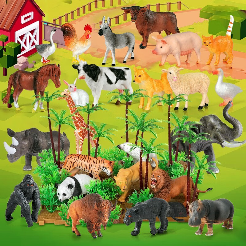 纽奇（Nukied）儿童动物玩具农场仿真软胶模型动物园长颈鹿女童男童儿童节玩具 【收纳桶】场景农场动物56件套